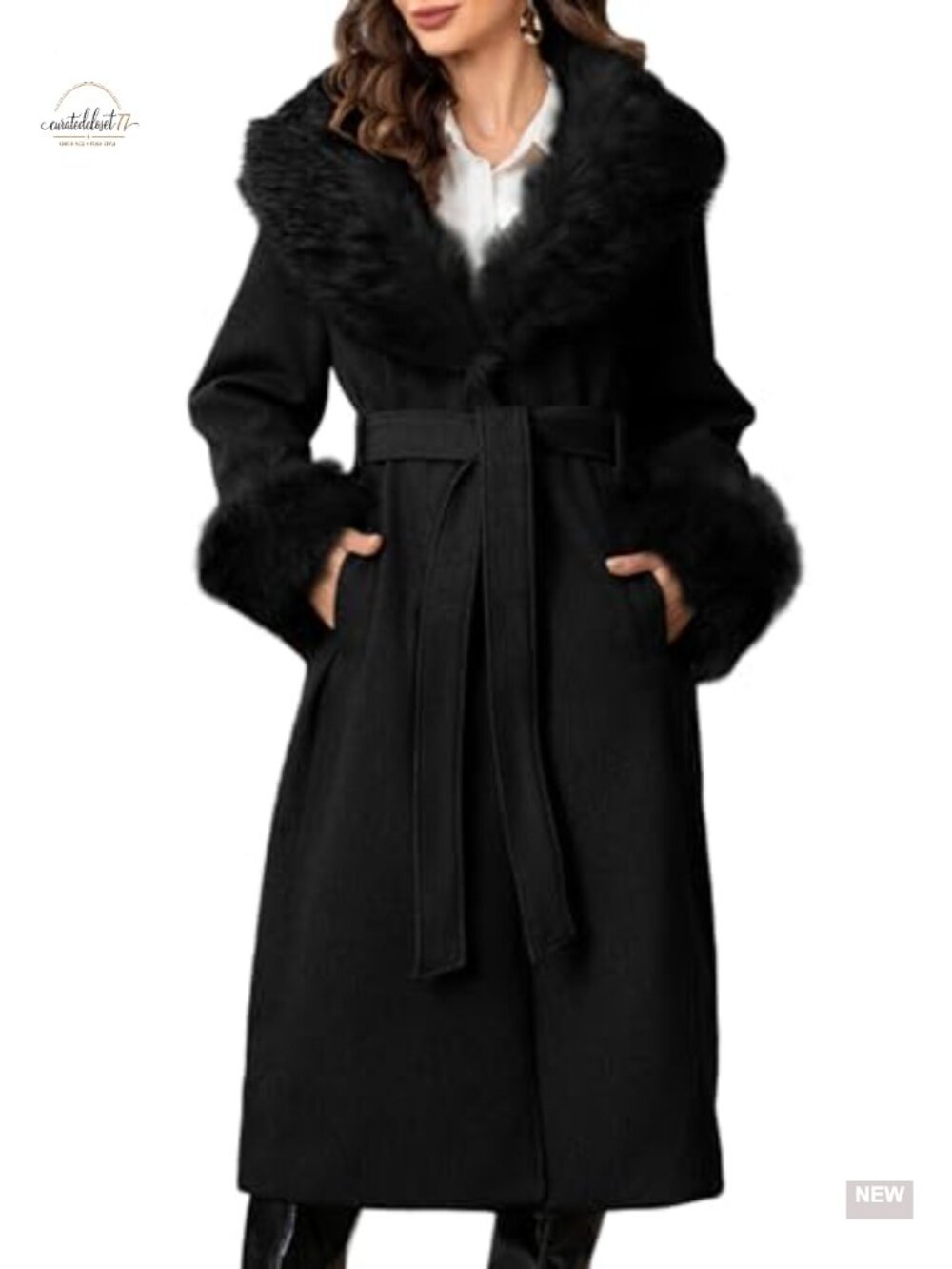 Bellivera Women's Detachable Faux Fur Collar Trench Coat Notch Lapel Belted Long
